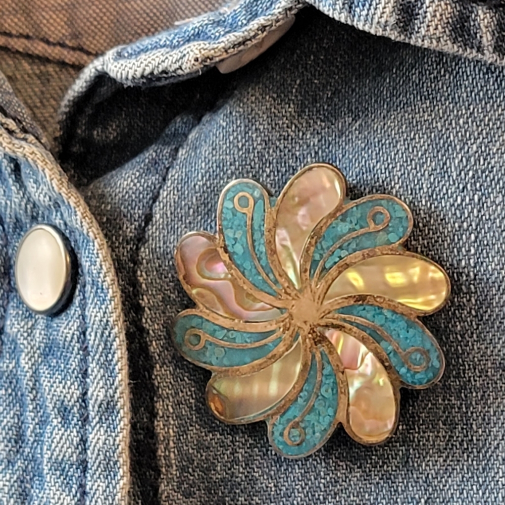 Vintage Mexican sterling silver pin with turquoise and abalone.